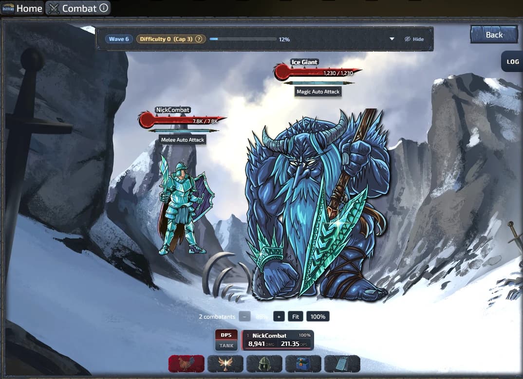 Combat in the Idlescape client: a knight in glowing armor facing an Ice Giant in a snowy mountain pass