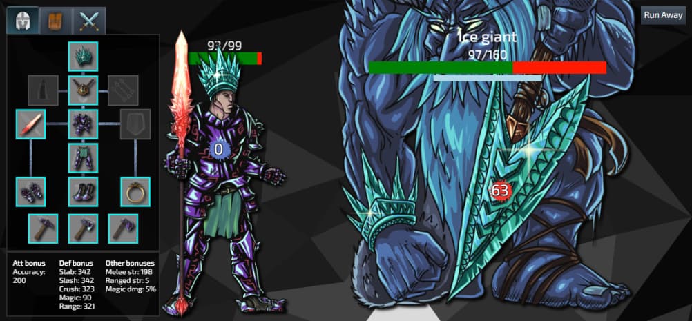Combat in the Idlescape client: a player in full armor fighting an Ice giant, with equipment slots and combat bonuses on the left